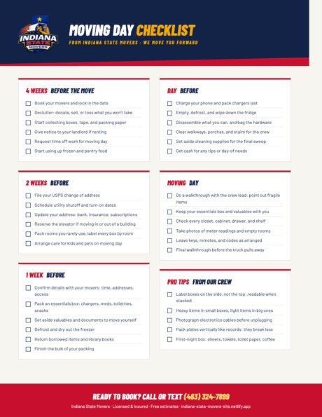 Preview of the Indiana State Movers moving day checklist